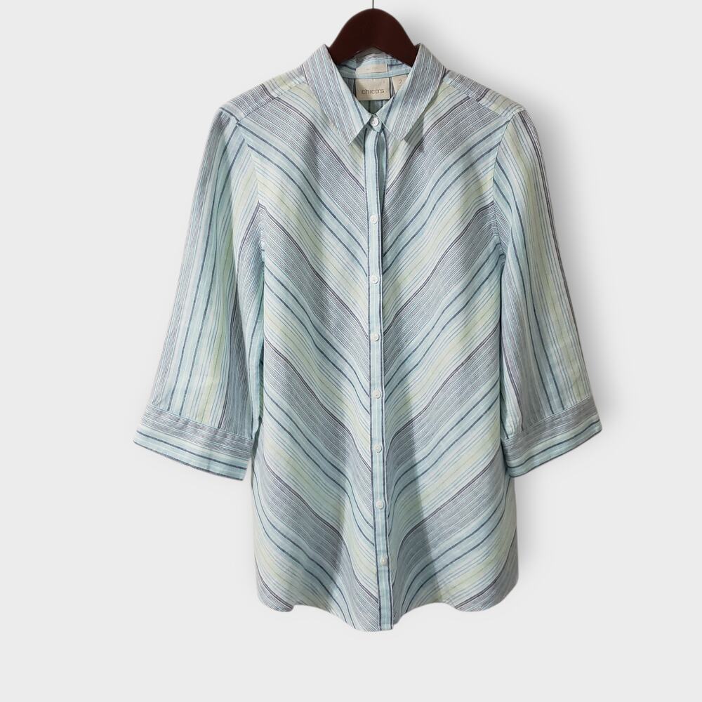 Chico's No Iron Linen Blue Angled Stripe Button Up Shirt Sz 2 Large Casual Basic